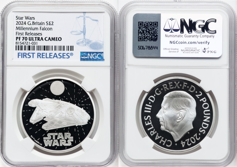 Charles III silver Proof "Millennium Falcon" 2 Pounds (1 oz) 2024 PR70 Ultra Cam...