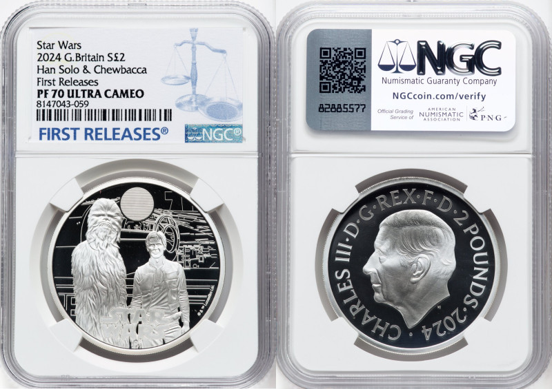 Charles III silver Proof "Han Solo & Chewbacca" 2 Pounds (1 oz) 2024 PR70 Ultra ...