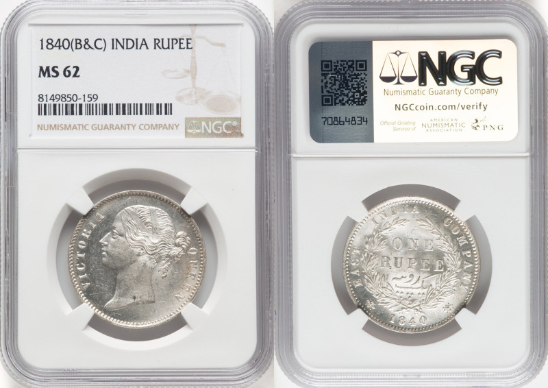 British India. Victoria Pair of Certified Rupees 1840 (b & c) MS62 NGC, Calcutta...