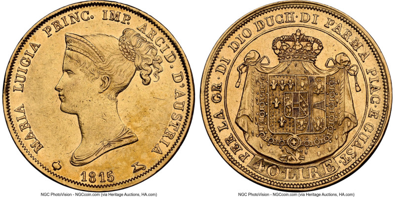 Parma. Maria Luigia gold 40 Lire 1815 AU53 NGC, Milan mint, KM-C32, Fr-933. HID0...