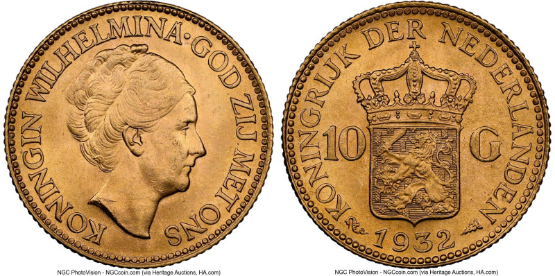 Wilhelmina gold 10 Gulden 1932 MS65 NGC, Utrecht mint, KM162, Fr-351. HID0980124...