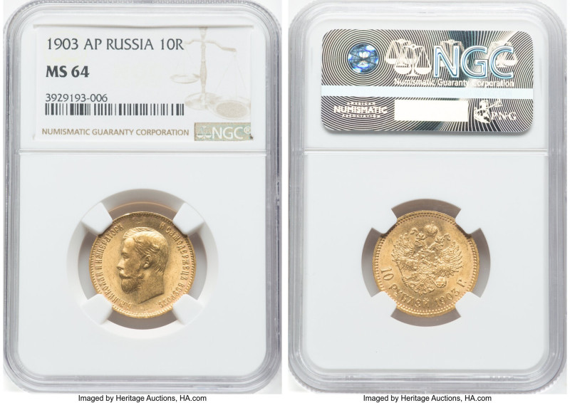 Nicholas II gold 10 Roubles 1903-AP MS64 NGC, St. Petersburg mint, KM-Y64, Fr-17...