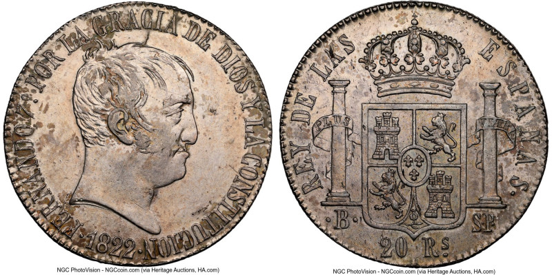 Ferdinand VII "De Vellon" 20 Reales 1822 B-SP AU Details (Mount Removed) NGC, Ba...