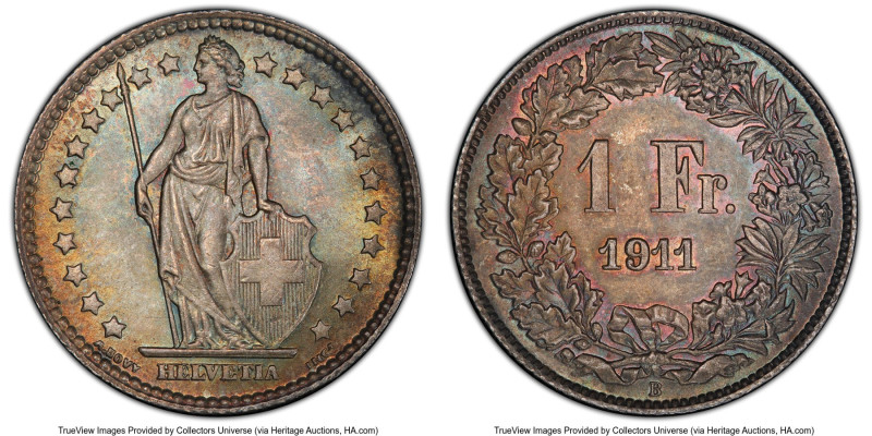 Confederation Franc 1911-B MS66 PCGS, Bern mint, KM24, HMZ 2-1204. Multicolored ...