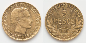 Republic gold 5 Pesos 1930 AU, Paris mint, KM27. 22.1mm. 8.49gm. Constitutional Centennial. One year type. HID09801242017 © 2024 Heritage Auctions | A...