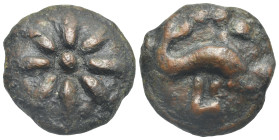 APULIA. Luceria. Circa 217-212 BC. Cast Teruncius (Bronze, 27.98 mm, 25.88 g). Star of eight rays on a raised disk. Rev. Dolphin right; ••• (mark of v...