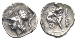 CALABRIA. Tarentum. Circa 280-228 BC. Diobol (Silver, 12.25 mm, 1.21 g). Head of Athena left, wearing Corinthian helmet decorated with griffin. Rev. T...