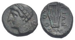 LUCANIA. Thurium, circa 280-260 BC. Bronze (Bronze, 14.58 mm, 3.39 g). Laureate head of Apollo left; AP monogram behind. Rev. ΘOY-PIΩN Lyre with four ...