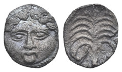 SICILY. Motya. Circa 405-400 BC. Litra (Silver, 10.91 mm, 0.57 g) Gorgoneion head facing, protruding tongue. Rev. Palm tree with fruits, punic letters...