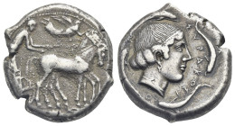 SICILY. Syracuse. Second Democracy, 466-405 BC. Tetradrachm (Silver, 24.58 mm, 17.34 g). Struck circa 450-440 BC. Charioteer driving quadriga walking ...