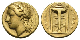 SICILY. Syracuse. Agathokles, 317-289 BC. 25 Litrae (Gold, 14.96 mm, 3.46 g). Struck circa 310-300. Laureate head of Apollo left, cornucopia behind. R...