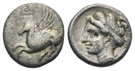 CORINTHIA. Corinth. Circa 345-307 BC. Drachm (Silver, 13.00 mm, 2.00 g) Pegasos flying left, koppa below. Rev. Head of Aphrodite to left, hair tied wi...