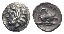 CILICIA. Mallos. Circa 390-333 BC. Obol (Silver, 9.43 mm, 0.83 g) Bearded head of Herakles left wearing lion skin headdress. Rev. Swan standing on bar...