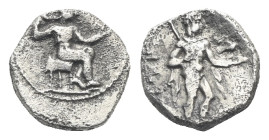 CILICIA. Tarsos. Tiribazos, satrap of Lydia, circa 388-380 BC. Obol (Silver, 9.05 mm, 0.73 g). Baal seated to right on a backless throne, holding eagl...