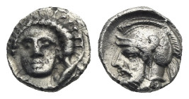 CILICIA. Tarsos. Time of Pharnabazos and Datames. Circa 380-360 BC. Obol (Silver, 8.53 mm, 0.71 g) Female head facing slightly left, wearing single pe...