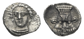 CILICIA. Uncertain. Circa 400-350 BC. Obol (Silver, 14.09 mm, 0.57 g). Head of female facing slightly left. Rev. Facing head of Bes, wearing kalathos....