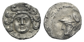 CILICIA. Uncertain. Circa 400-300 BC. Obol (Silver, 10.17 mm, 0.76 g). Facing gorgoneion. Rev. Head of Athena to left, wearing crested Corinthian helm...