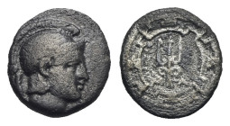 IONIA. Magnesia ad Maeandrum. Circa 400-350 BC. Obol (Silver, 13.11 mm, 0.68 g). Head of Athena to right, wearing crested Attic helmet. Rev. Trident w...