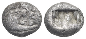 KINGS OF LYDIA. Time of Kroisos, 564-539 BC. Sardes, circa 561-546 BC. Half Stater (Silver, 15.22 mm, 5.19 g) Confronted foreparts of a roaring lion t...