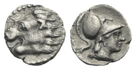 PAMPHYLIA. Side. Circa 370-360 BC. Obol (Silver, 14.09 mm, 0.73 g). Lion’s head with open jaws to left. Rev. Head of Athena to right, wearing Corinthi...