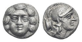 PISIDIA. Selge. Circa 350-300 BC. Obol (Silver, 12.76 mm, 0.93 g). Gorgoneion facing. Rev. Helmeted head of Athena right, astragalos behind her neck. ...