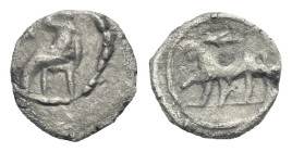 PERSIA. Alexandrine Empire. Uncertain satrap of Babylon, circa 328-311 BC. Hemiobol (Silver, 8.00 mm, 0.34 g). Baaltars seated left, holding sceptre. ...