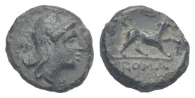 Anonymous. Semilitra (Bronze, 12.17 mm, 1.52 g). Roma, circa 234-231 BC. Head of Roma right, wearing Phrygian helmet adorned with griffin's head. Rev....