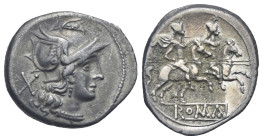 Anonymous. Denarius (Silver, 21.13 mm, 3.95 g). Roma, circa 214-210 BC (traditionally after 211). Head of Roma to right wearing winged helmet, earring...