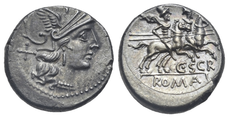 C. Scribonius. Denarius (Silver, 18.07 mm, 4.21 g) Roma, 154 BC. Head of Roma ri...