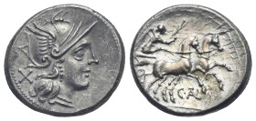 C. Iuventius Thalna. Denarius (Silver, 19.61 mm, 4.03 g), Roma, 154 BC. Head of Roma right, wearing winged helmet, earring and necklace, X (value mark...