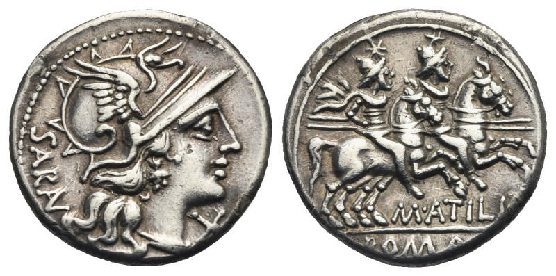 M. Atilius Saranus. Denarius (Silver, 19.00 mm, 3.96 g). Roma, 148 BC. Head of R...