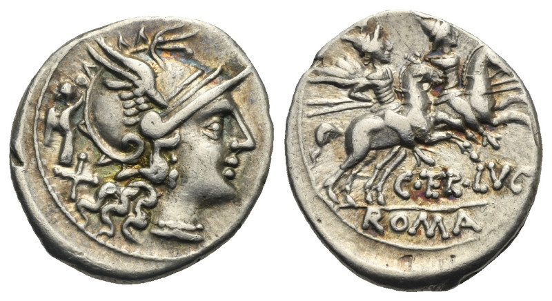 C. Terentius Lucanus. Denarius (Silver, 19.19 mm, 3.95 g). Roma, 147 BC. Helmete...