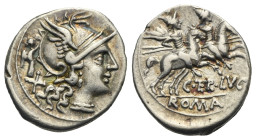 C. Terentius Lucanus. Denarius (Silver, 19.19 mm, 3.95 g). Roma, 147 BC. Helmeted head of Roma right; behind, Victory with wreath and X. Rev. The Dios...
