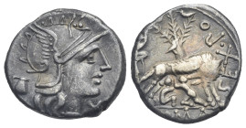 Sex. Pompeius Fostlus. Denarius (Silver, 19.02 mm, 3.91 g) Roma, 137 BC. Head of Roma right, wearing winged helmet, earring and necklace, X to right, ...