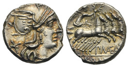 P. Maenius Antiaticus M.f. Denarius (Silver, 16.36 mm, 3.33 g). Roma, 132 BC. Helmeted head of Roma right; behind X. Rev. Victory in quadriga right, h...