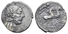 C. Porcius Cato. Denarius (Silver, 18.67 mm, 3.88 g) Roma, 123 BC. Head of Roma right, wearing winged helmet, earring and necklace, X behind neck. Rev...