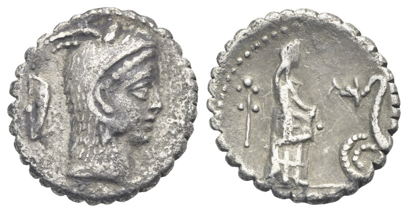 L. Roscius Fabatus. Denarius Serratus (Silver, 16.39 mm, 3.47 g) Roma, 64 BC. He...