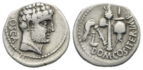 C. Domitius Calvinus. Denarius (Silver, 18.22 mm, 3.49 g). Osca, 39 BC. Bare head of Hercules right, wearing necklace; OSCA to left. Rev. Emblems of t...