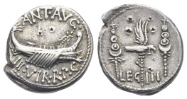 Mark Antony. Denarius - Legionary Type (Silver, 16.58 mm, 3.93 g). Military mint moving with Antonius (Patrae ?), 32-31 BC. ANT AVG above, III VIR R P...