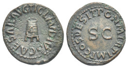 Claudius, 41-54. Quadrans (Bronze, 18.22 mm, 3.38 g) Rome, 41. TI CLAVDIVS CAESAR AVG, three-legged modius. Rev. PON M TR P IMP COS DES IT, around lar...