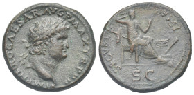Nero, 54-68. As (Bronze, 28.45 mm, 11.82 g) Lugdunum, 66-67. IMP NERO CAESAR AVG P MAX TR P P P Laureate head of Nero right, globe below. Rev. SECVRIT...