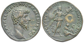 Lucius Verus, 161-169. Sestertius (Bronze, 30.76 mm, 25.38 g) Rome, 163. L AVREL VERVS AVG ARMENIACVS, bare head right. Rev. VICT AVG TR P III IMP II ...
