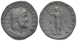 Maximinus I, 235-238. Sestertius (Bronze, 28.35 mm, 20.63 g). Rome, 236-237. Laureate, draped, and cuirassed bust right. Rev. VICTORIA GERMANICA Victo...