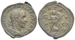 Philip I, 244-249. Sestertius (Bronze, 28.37 mm, 16.14 g). Rome, 244-249. IMP M IVL PHILIPPVS AVG Laureate bust right. Rev. VICTORIA AVG Victory advan...