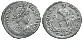 Theodosius I, 379-395. Follis (Bronze, 21.9 mm, 4.31g). Constantinopolis, 1st officina, 379-383. D N THEODOSIVS P F AVG Diademed, helmeted, draped, an...