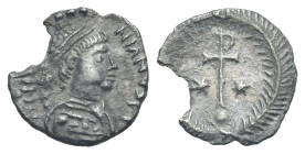 Justinian I, 527-565. Half Siliqua (?) (Silver, 12.41 mm, 0.66 g). Ravenna, circa 552-565. D N [IVSTI]NIANVS P P AG Diademed, draped and cuirassed bus...