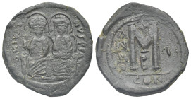 Justin II and Sophia, 565-578. Follis (Bronze, 28.94 mm, 13.48 g). Constantinopolis, 565-566. D N VSTI-NVS P P AV Justin left and Sophia right, seated...