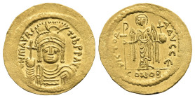 Maurice Tiberius, 582-602. Solidus (Gold, 21.35 mm, 4.47 g) Constantinopolis, 583-601. ON mAVRC TIb PP AVC Cuirassed bust of Maurice facing, wearing h...