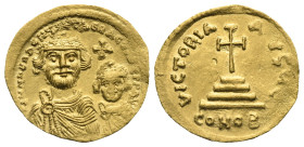 Heraclius with Heraclius Constantine, 610-641. Solidus (Gold, 20.32 mm, 4.48 g) Constantinopolis, 613-616. δδ NN hЄRACLIЧS Єτ hЄRA CONSτ PP AVC. Drape...