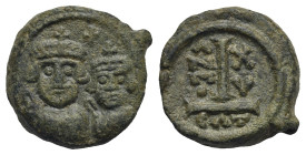 Heraclius with Heraclius Constantine, 610-641. 10 Nummi (Bronze, 15.59 mm, 4.81 g). Catania, dated RY 15 (= 624/5). Traces of legend, facing crowned b...